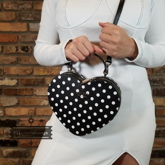 Authentic Kate Spade Heart LOVE SHACK POLKA dot crossbody BLACK WHITE NEW - Picture 9 of 13